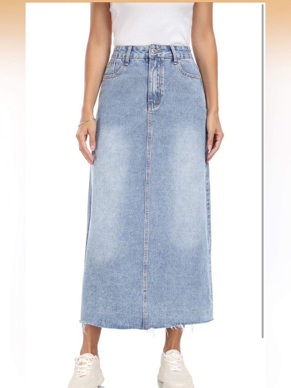 Denim Skirt Stretch High Waisted Frayed Raw Hem A Line Midi Skirt with Pockets - Picture 7 of 7